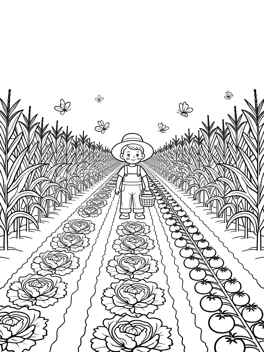 A detailed summer farmers' field with crop patterns