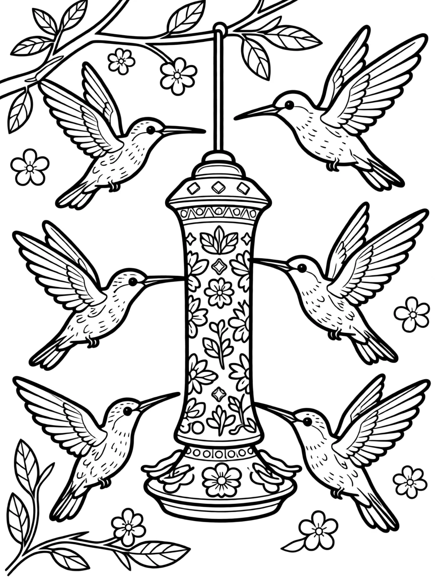 Summer hummingbirds at elaborate feeders