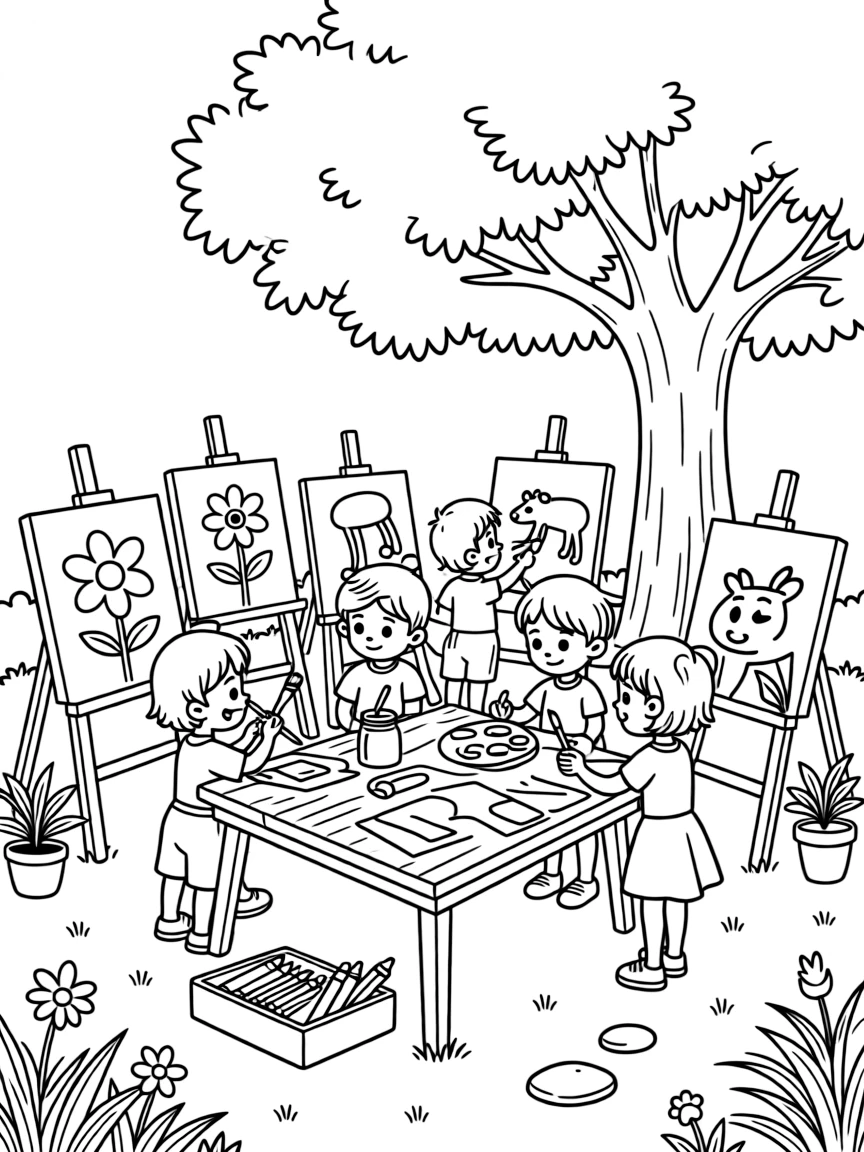 A summer outdoor art studio with projects