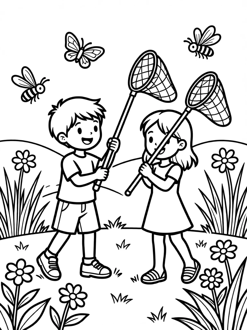 Children catching summer insects with nets