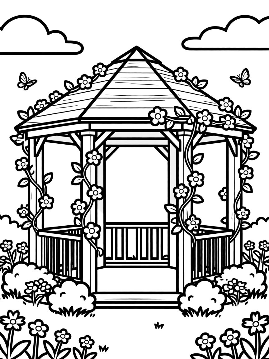 A summer garden gazebo with flowering vines