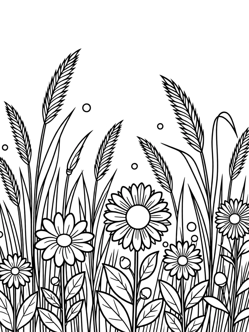 A detailed field of summer grasses and flowers