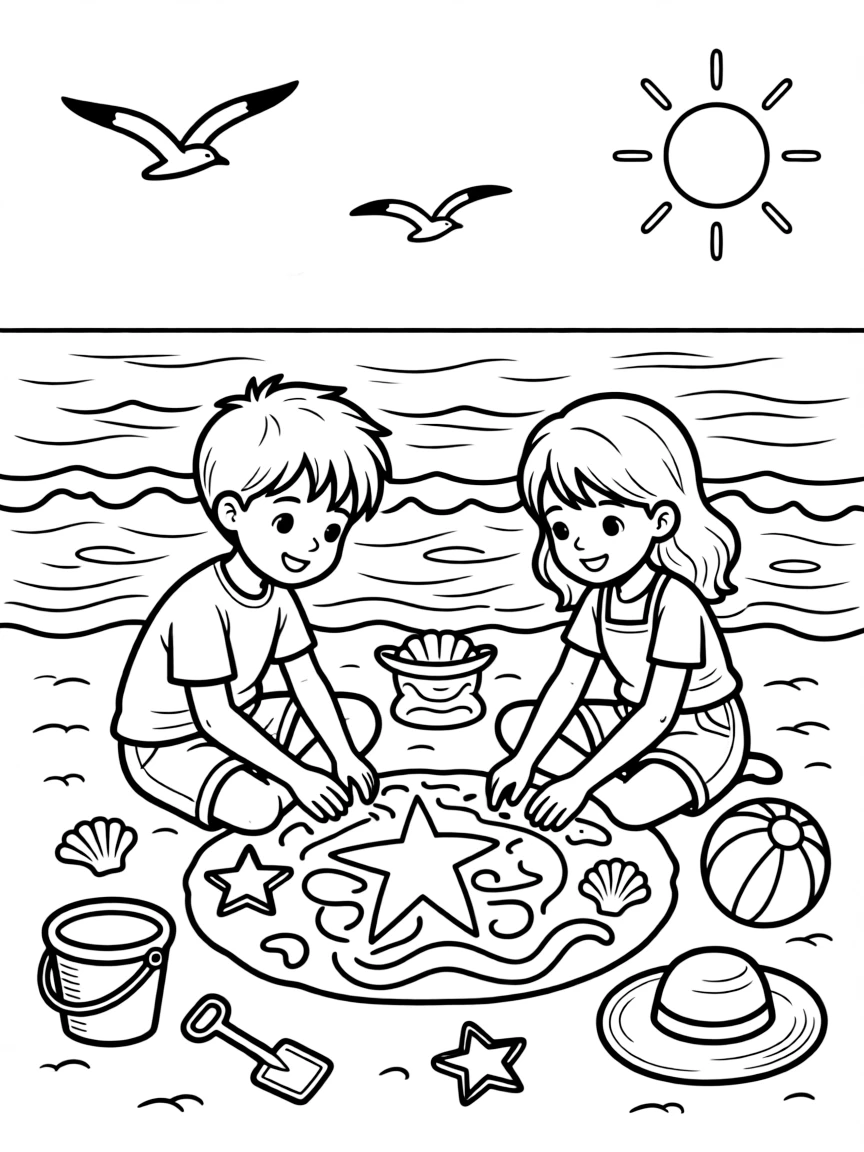 Children creating summer sand art on a beach