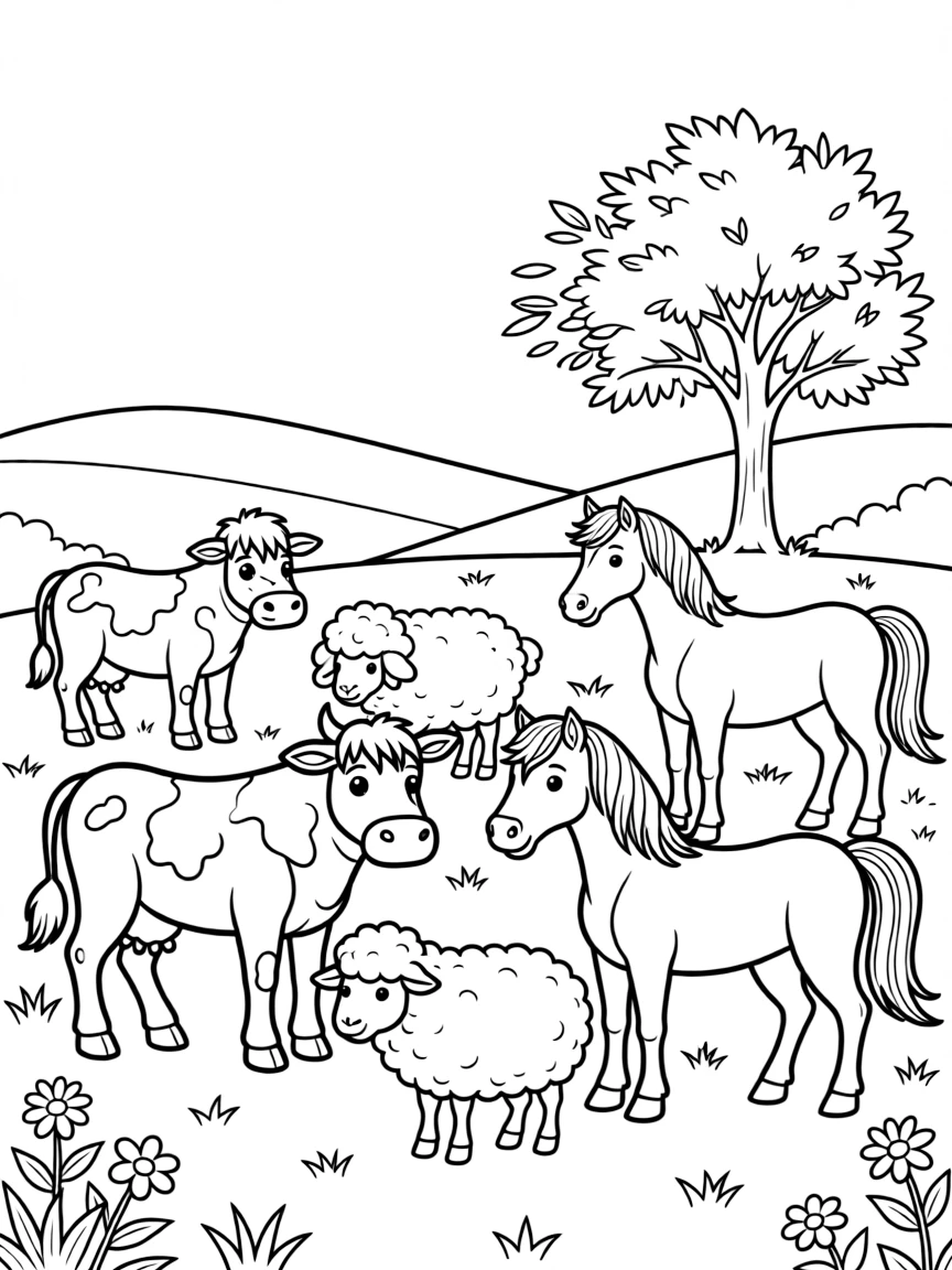 A detailed summer field with grazing animals