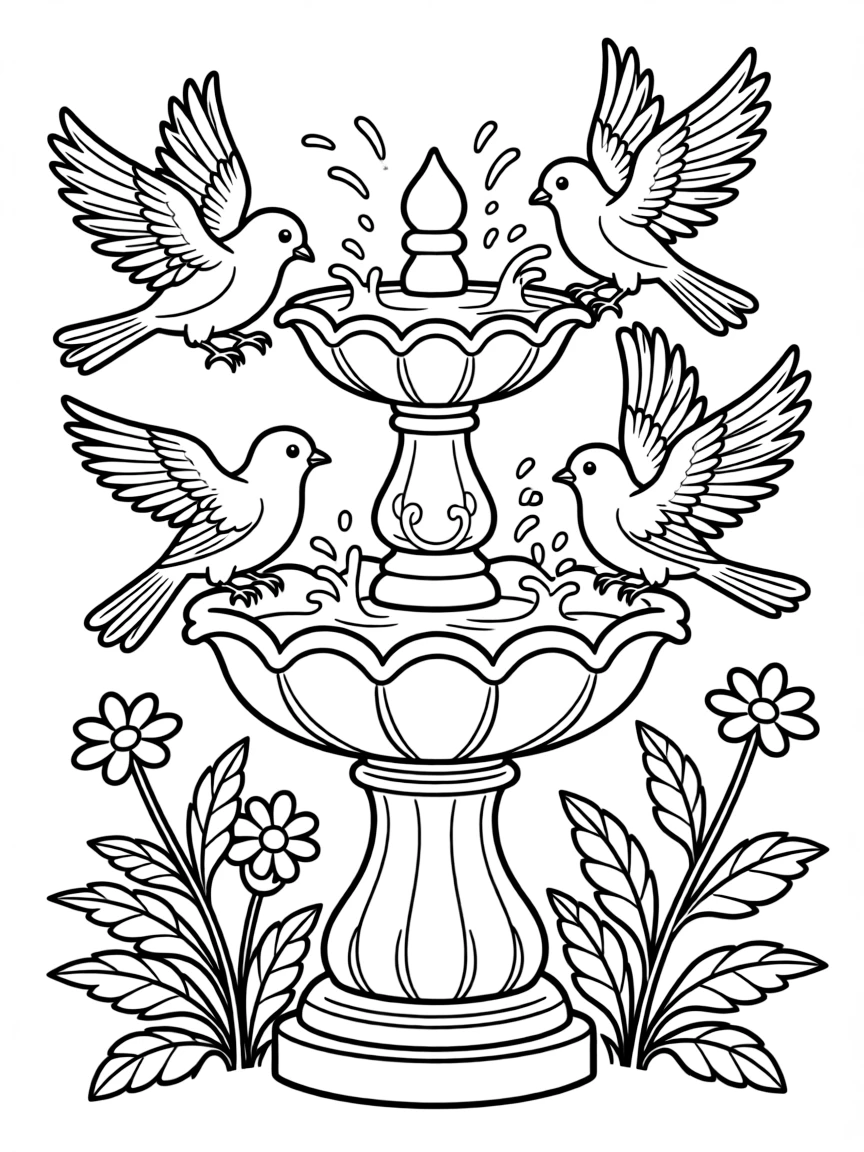 Summer birds bathing in an elaborate bird bath