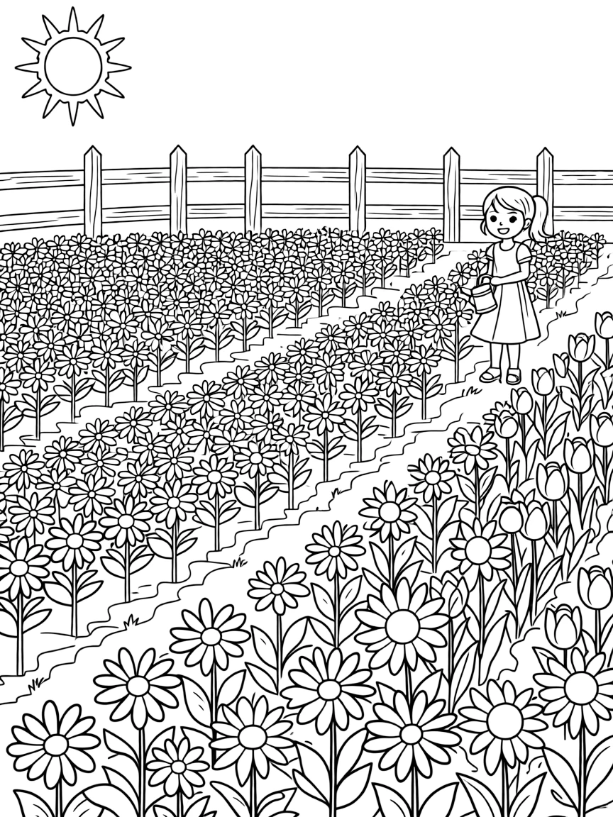 A detailed summer flower farm with rows of blooms
