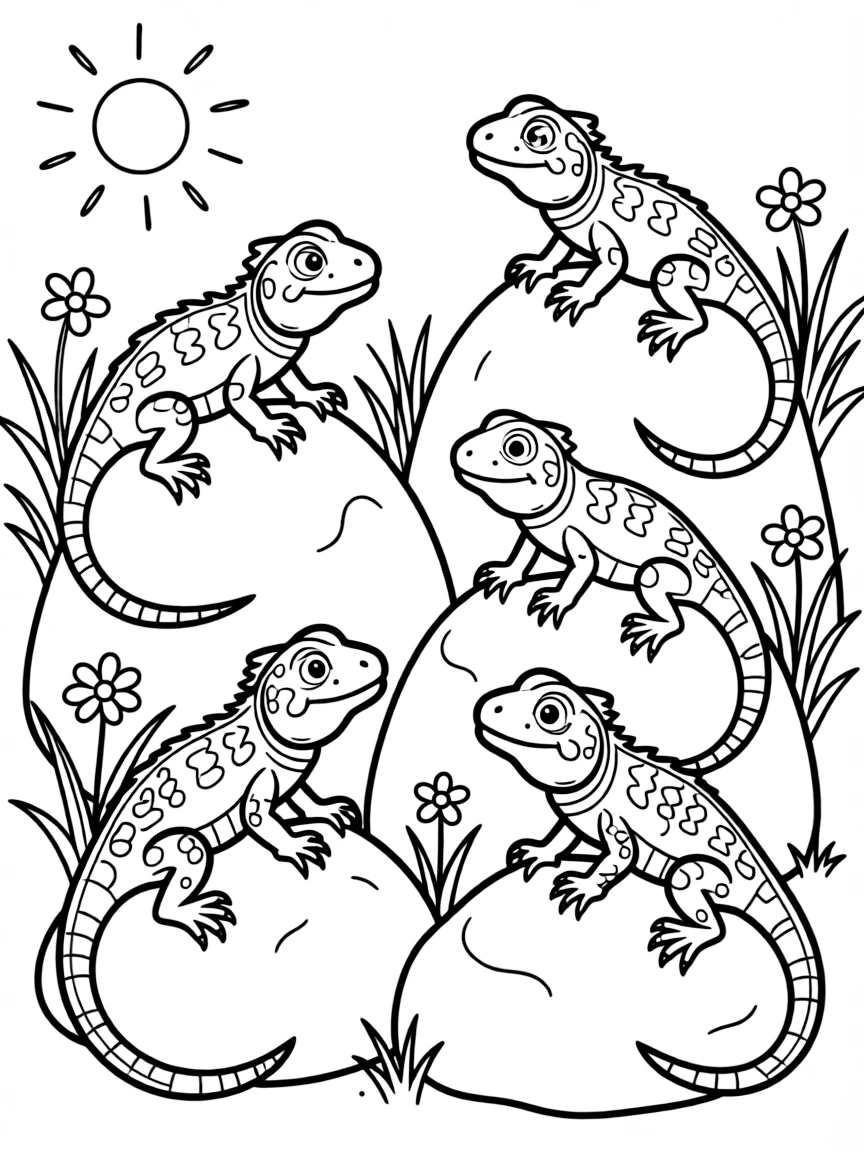 Summer lizards basking on warm rocks
