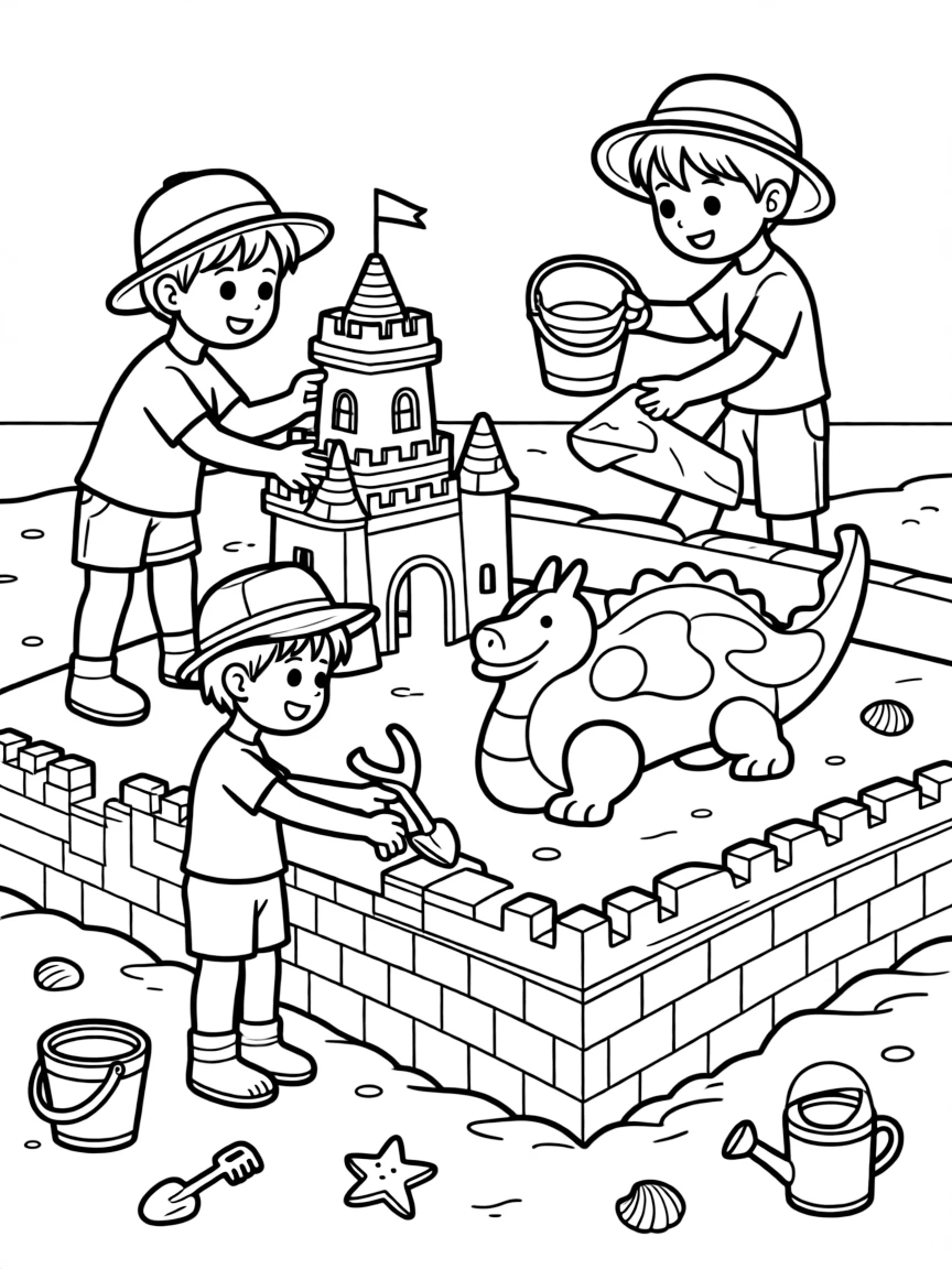 Children building complex sand structures