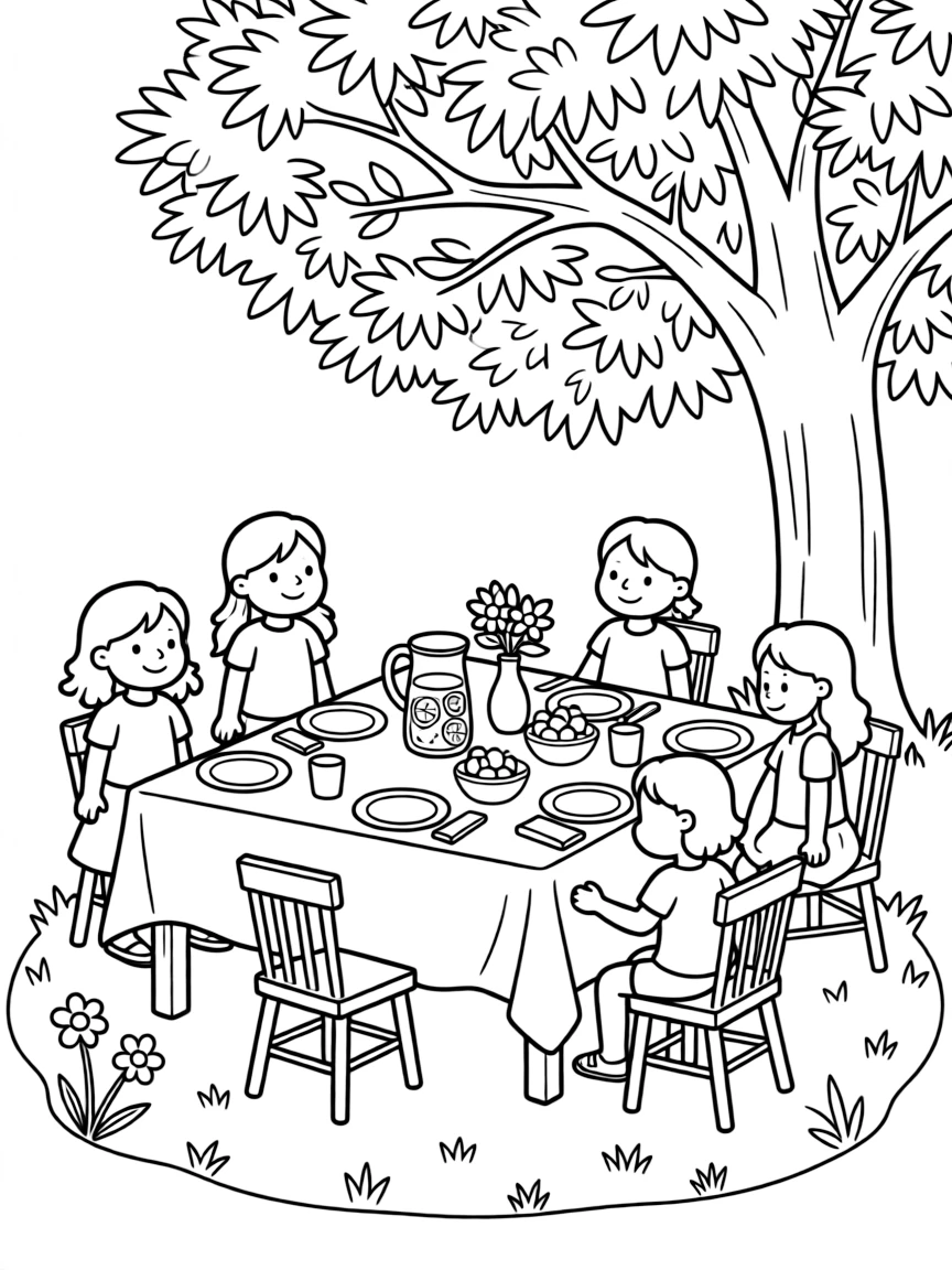 A summer outdoor dining scene with table settings