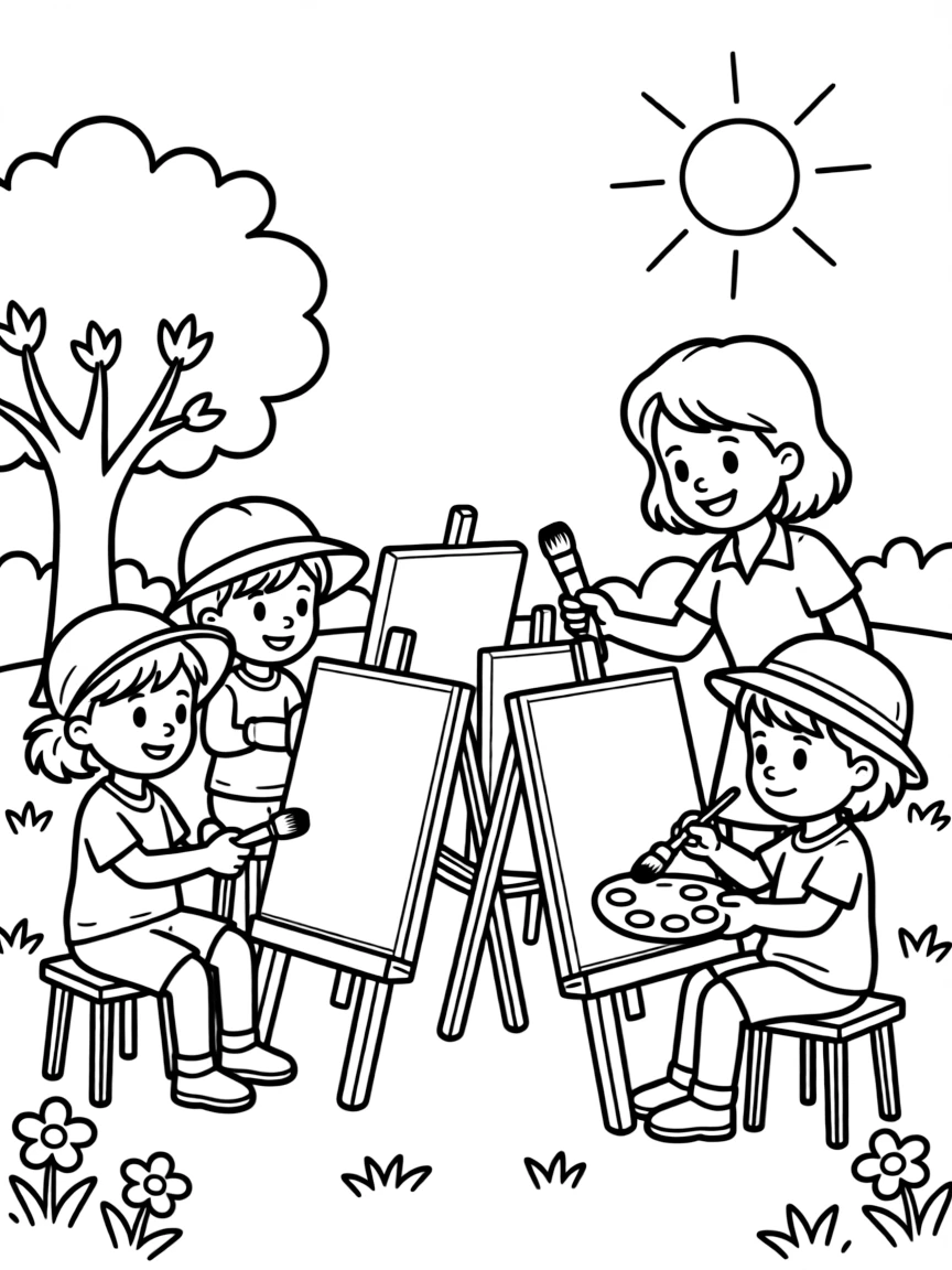 Children at a summer outdoor painting class