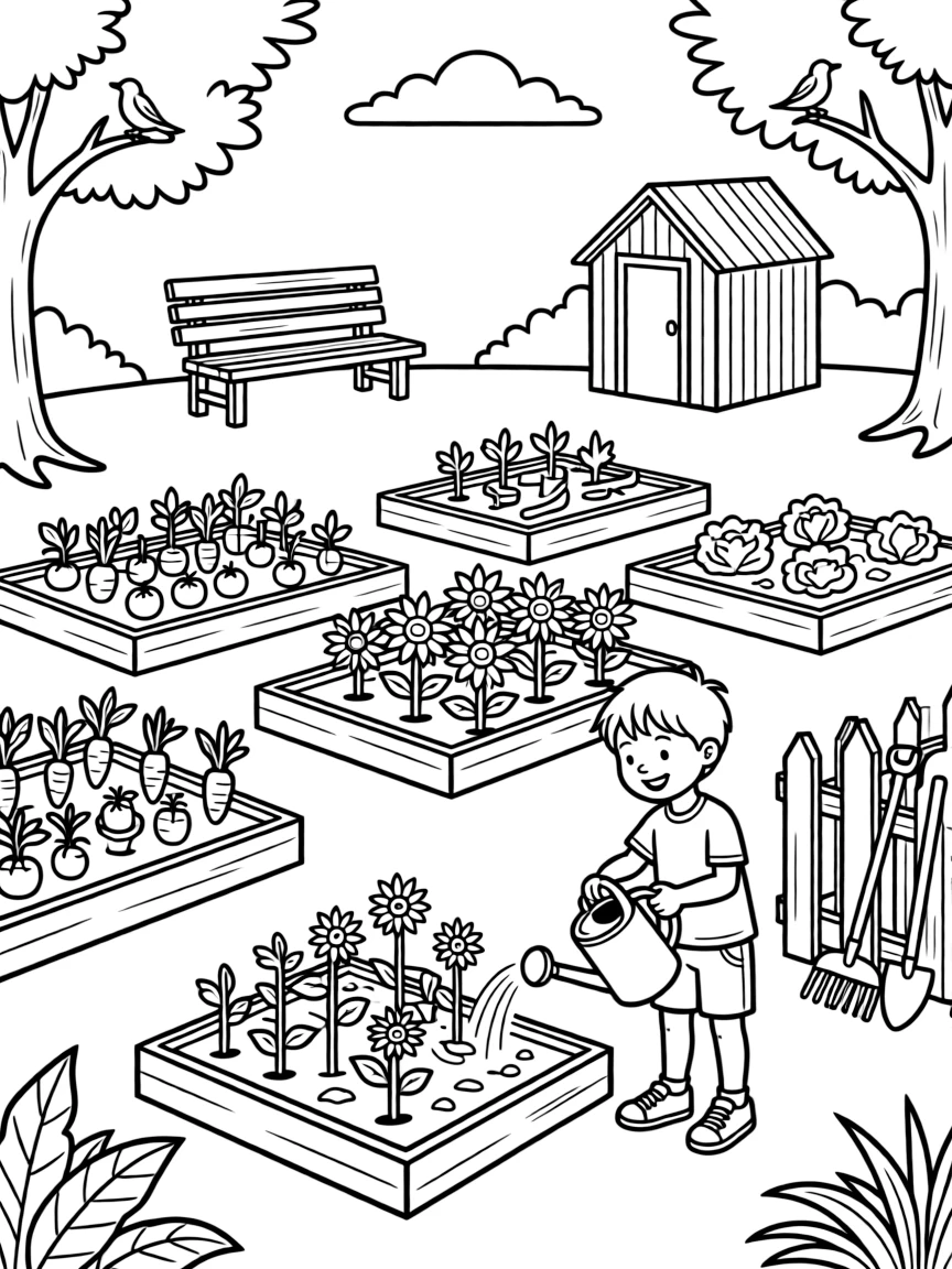 A detailed community summer garden with plots