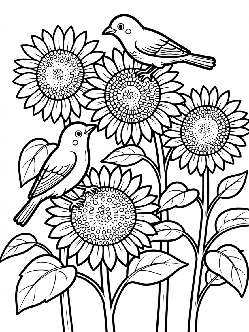 Summer birds feeding on sunflower seed heads