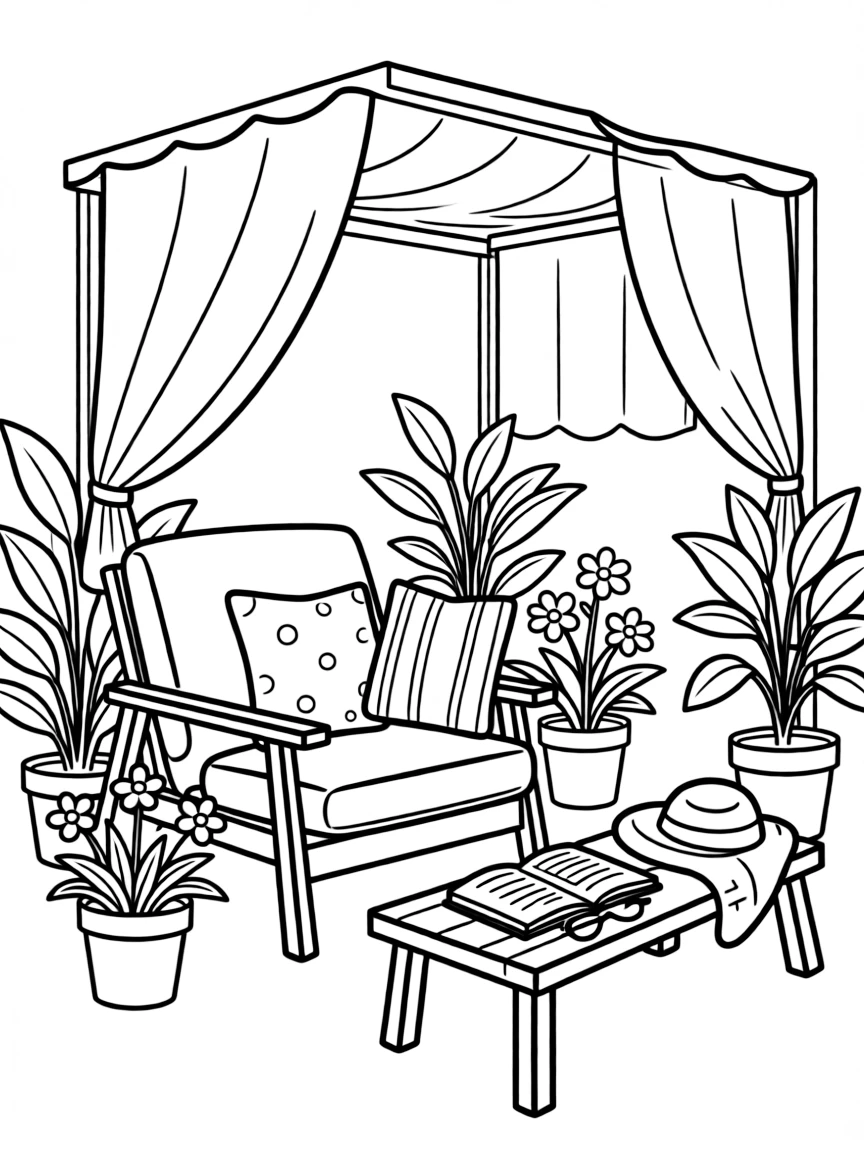 A summer outdoor book nook with comfortable seating