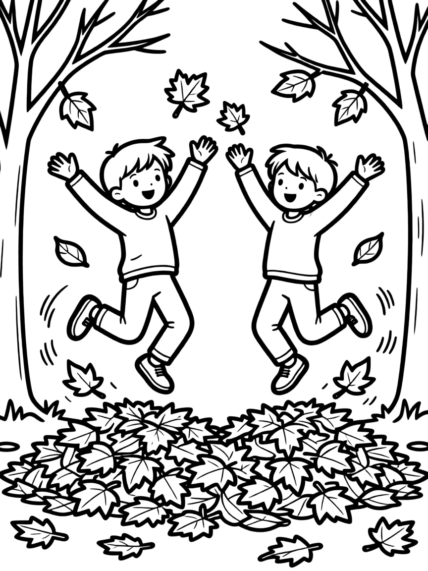 Children jumping in piles of raked leaves