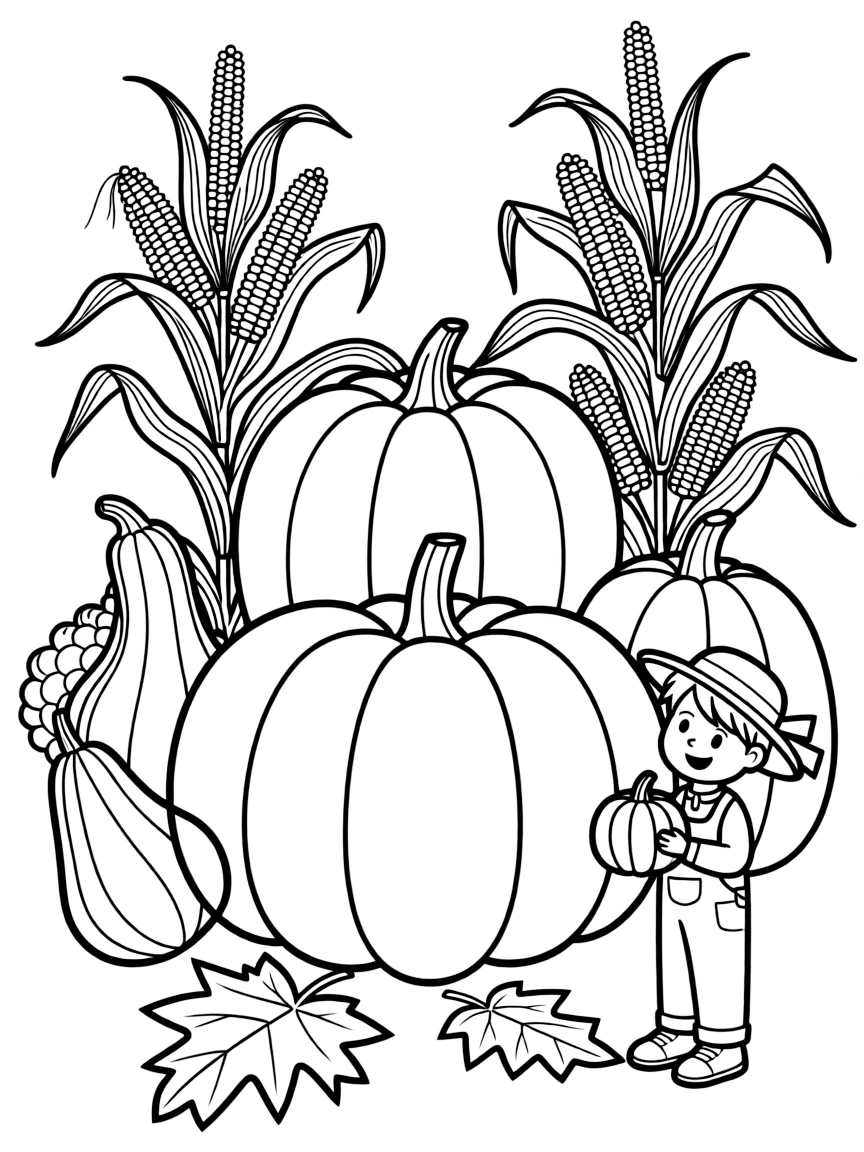 A harvest scene with pumpkins, gourds, and corn shocks