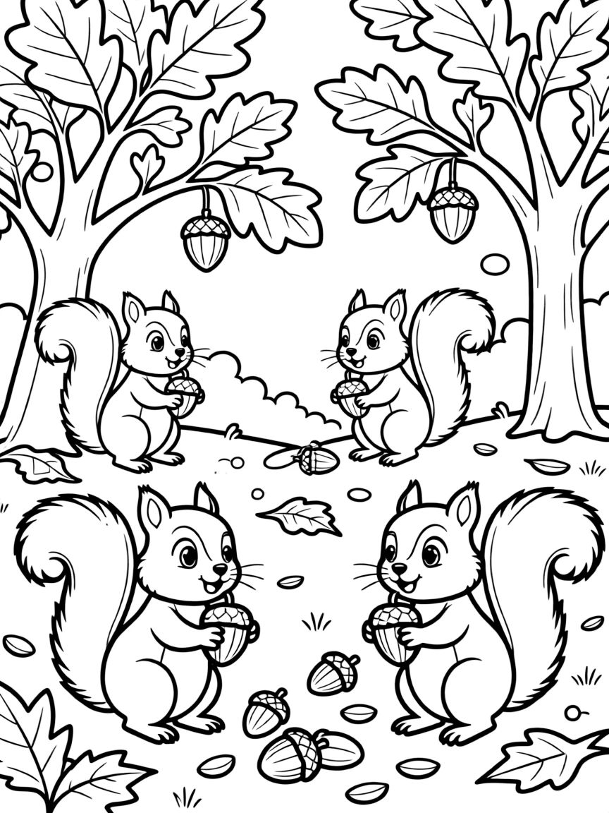 Squirrels gathering acorns and nuts for winter storage