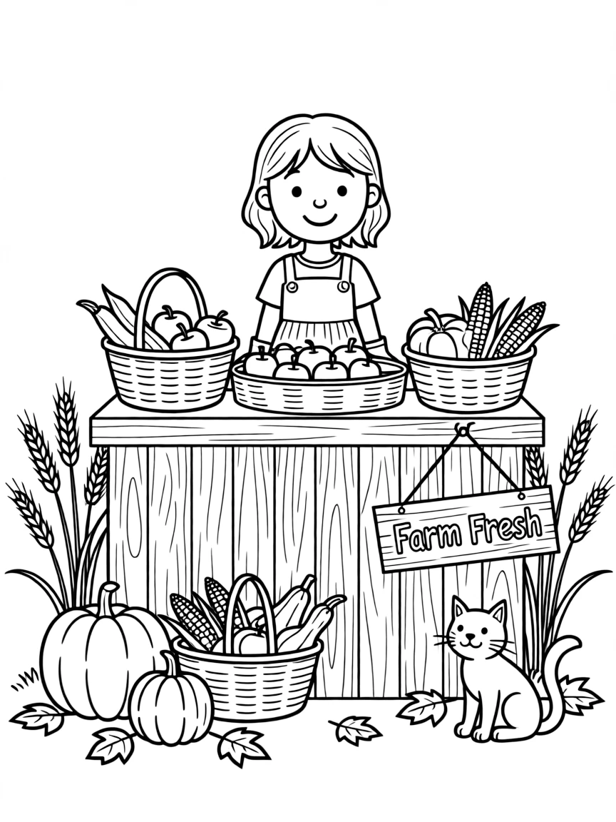 An autumn farm stand with seasonal produce displays