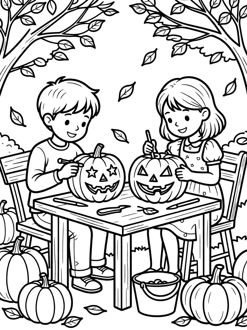 Children carving detailed jack-o'-lanterns