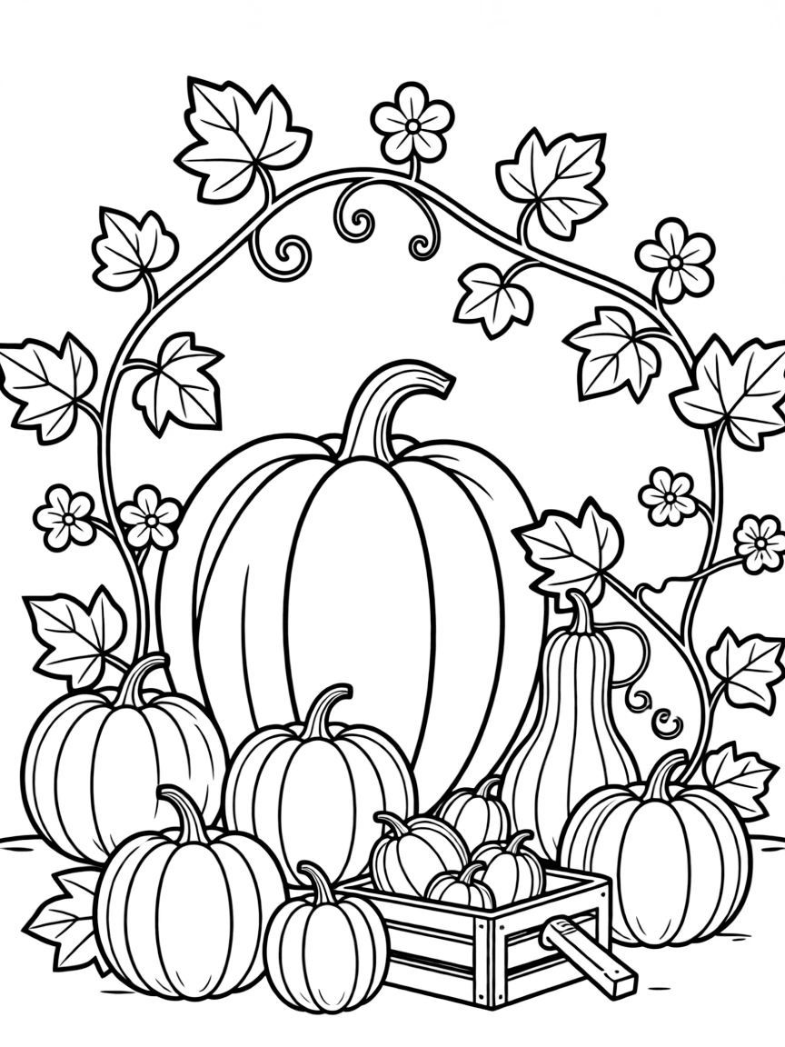 Detailed pumpkin patch with vines and different varieties