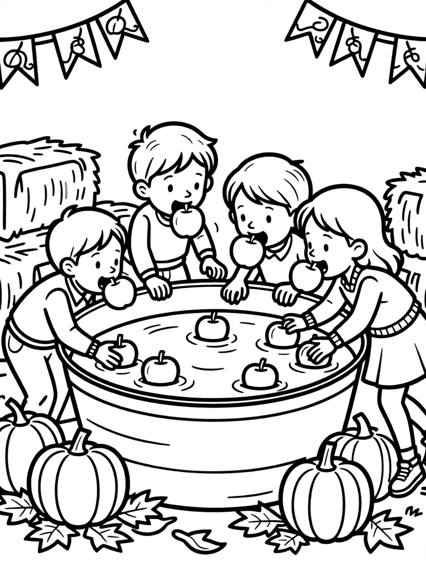 Children bobbing for apples at an autumn festival