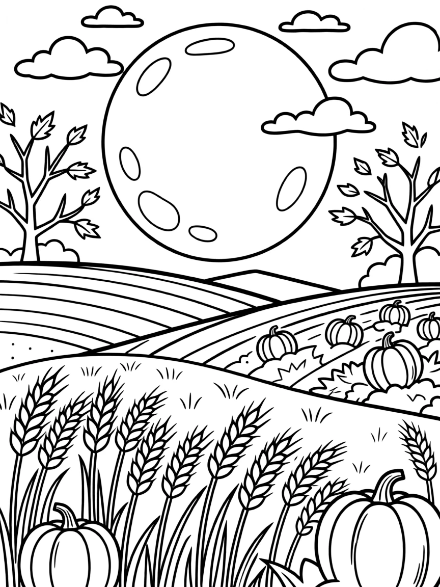A harvest moon rising over autumn fields