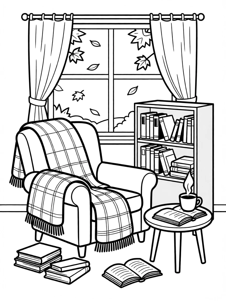 A cozy autumn reading nook with blankets and books