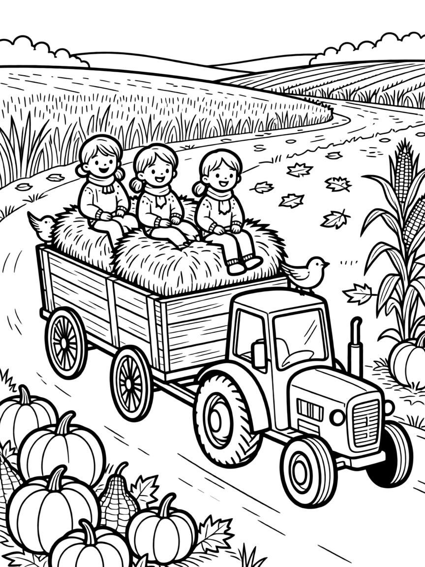 A hayride through fields with autumn decorations