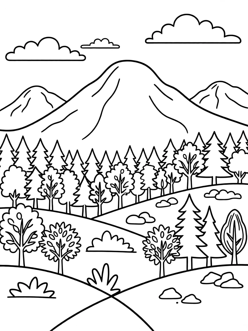 A detailed autumn landscape with mountains and forests