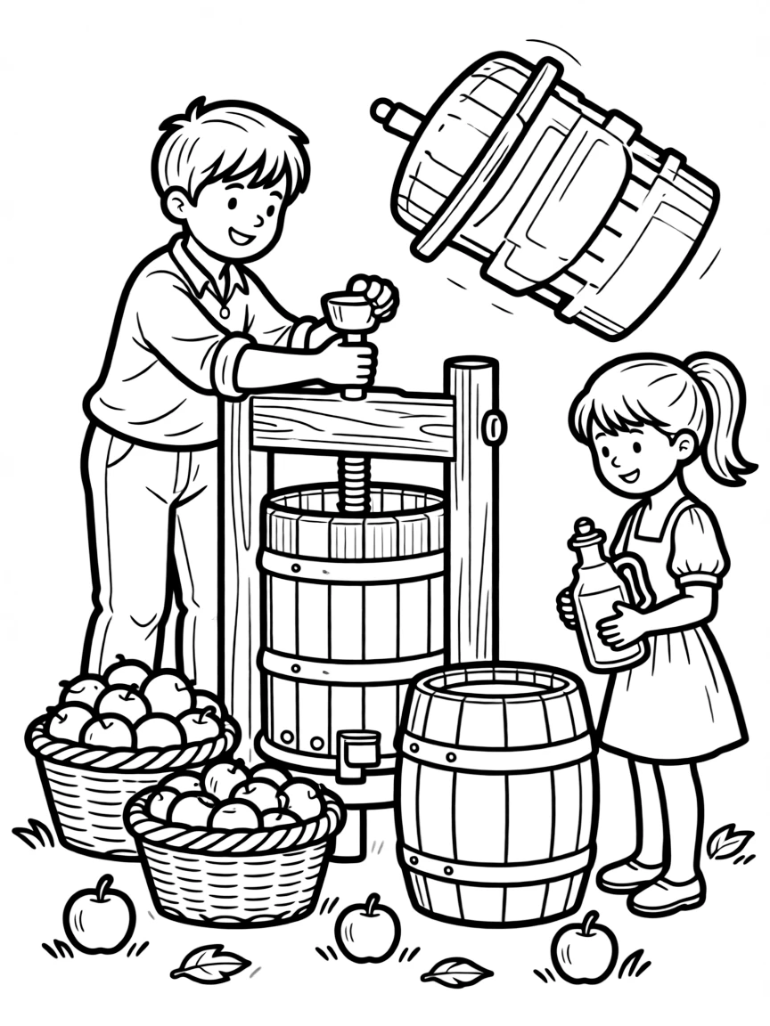 A detailed apple pressing scene with cider making