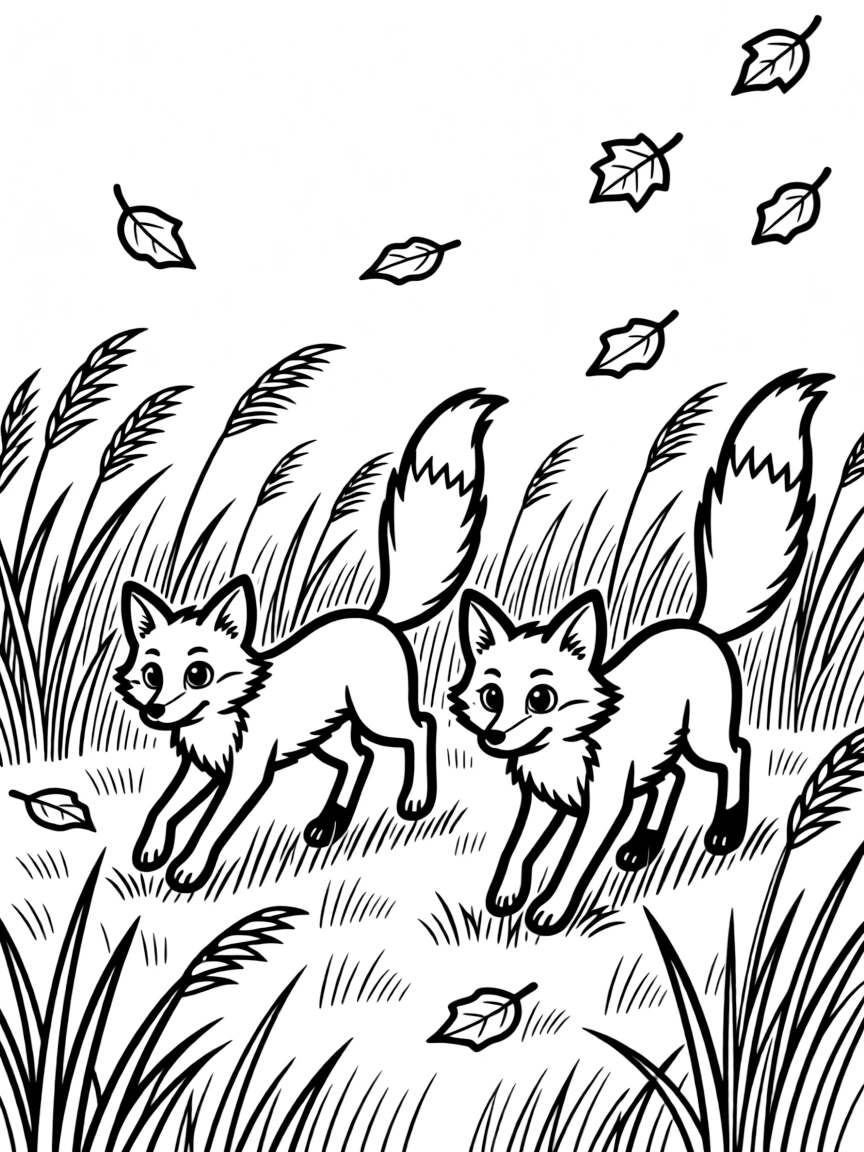 Foxes hunting in autumn fields with tall grasses