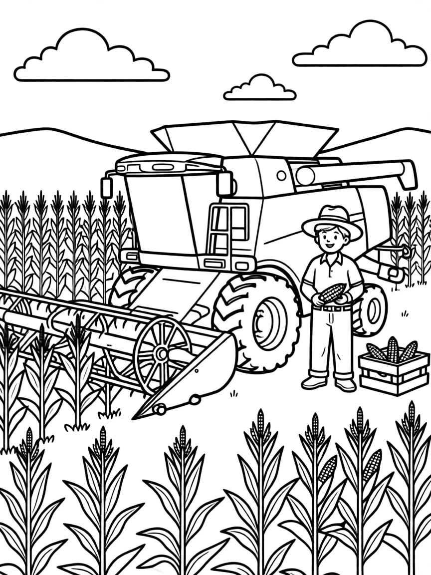 A detailed corn harvest with farm equipment