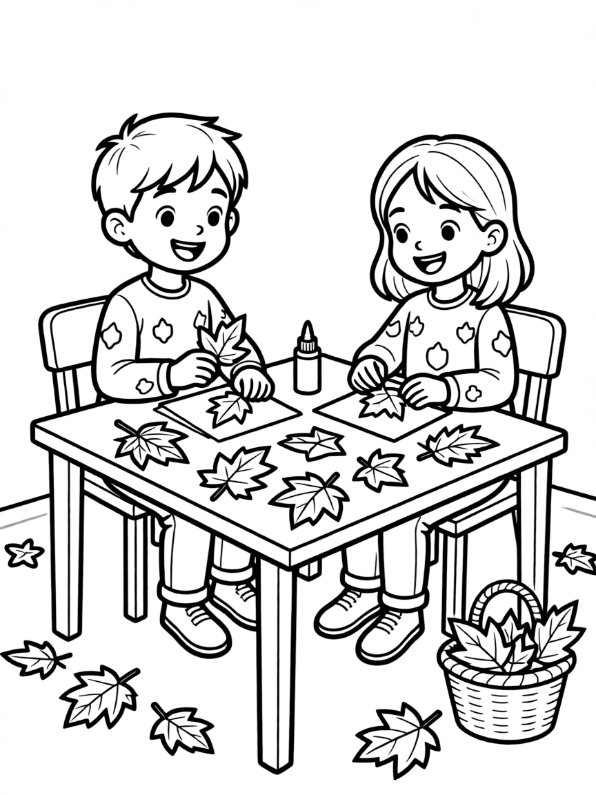 Children creating autumn leaf art projects