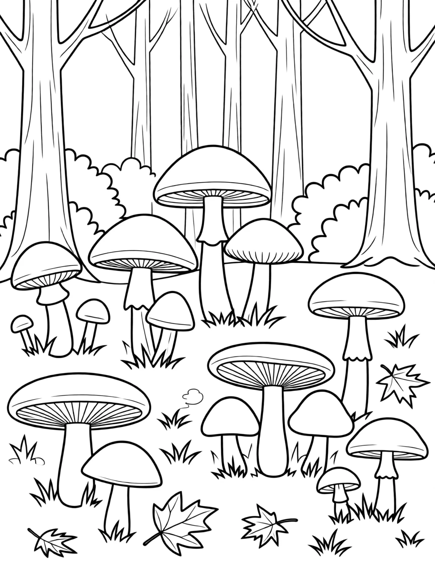 An autumn forest with various mushroom species