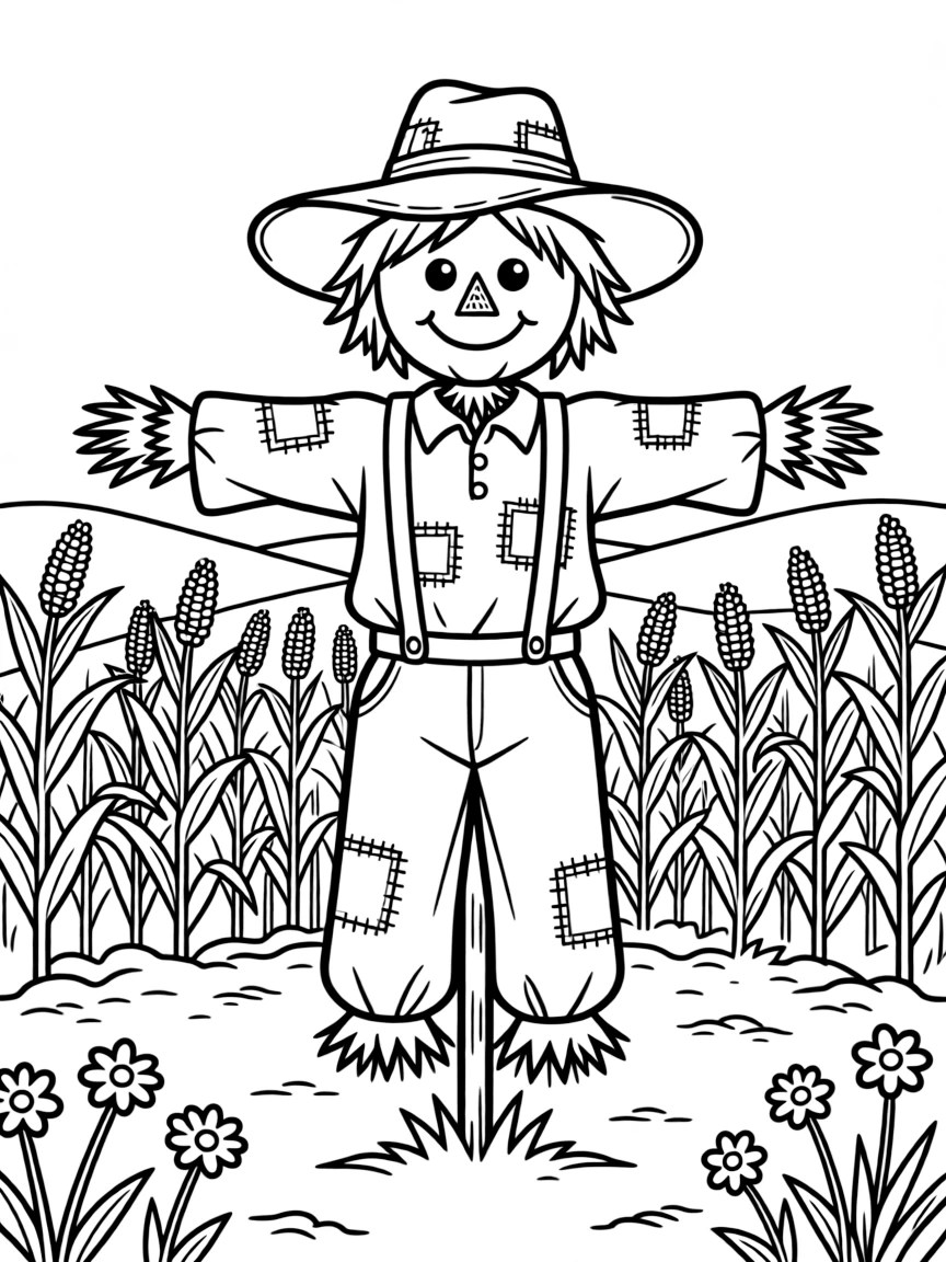 A scarecrow with elaborate clothing in a field