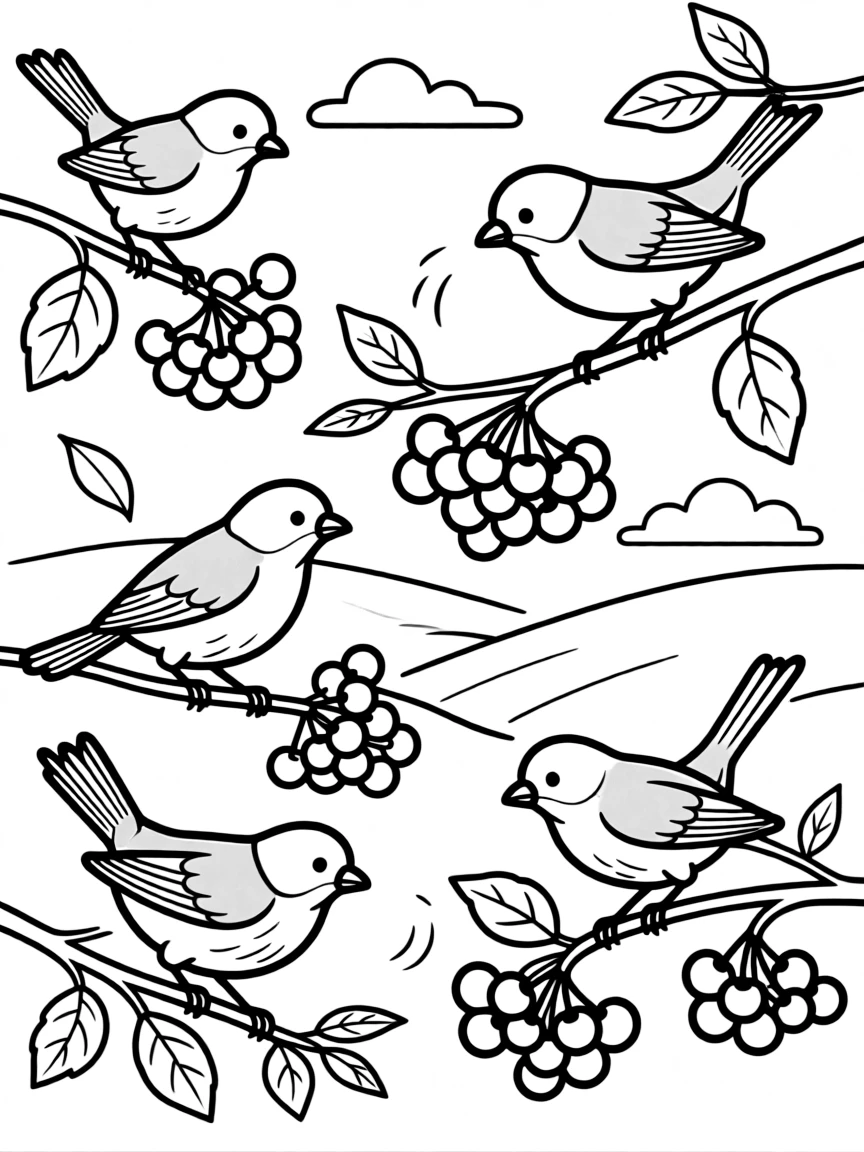 Autumn birds feasting on berries before migration