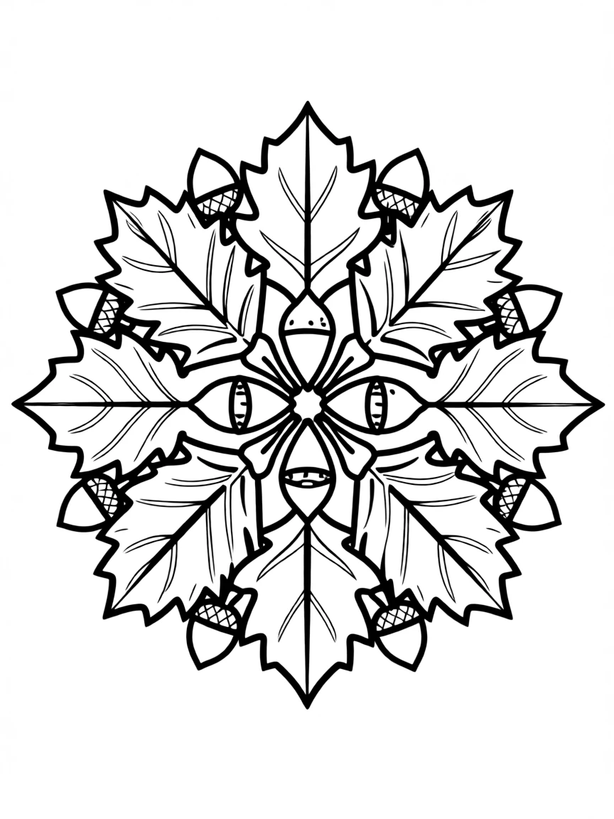 A detailed autumn mandala with leaves and acorns