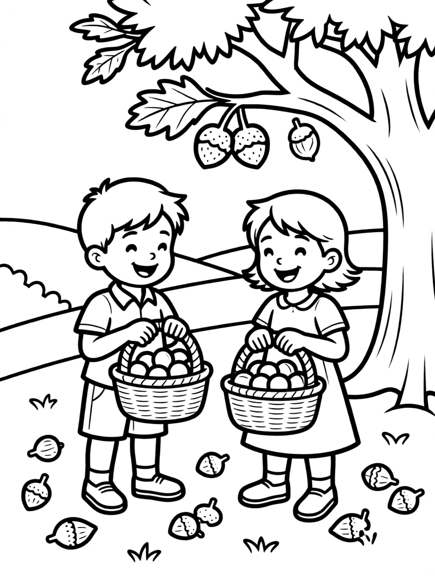 Children collecting conkers and acorns in baskets