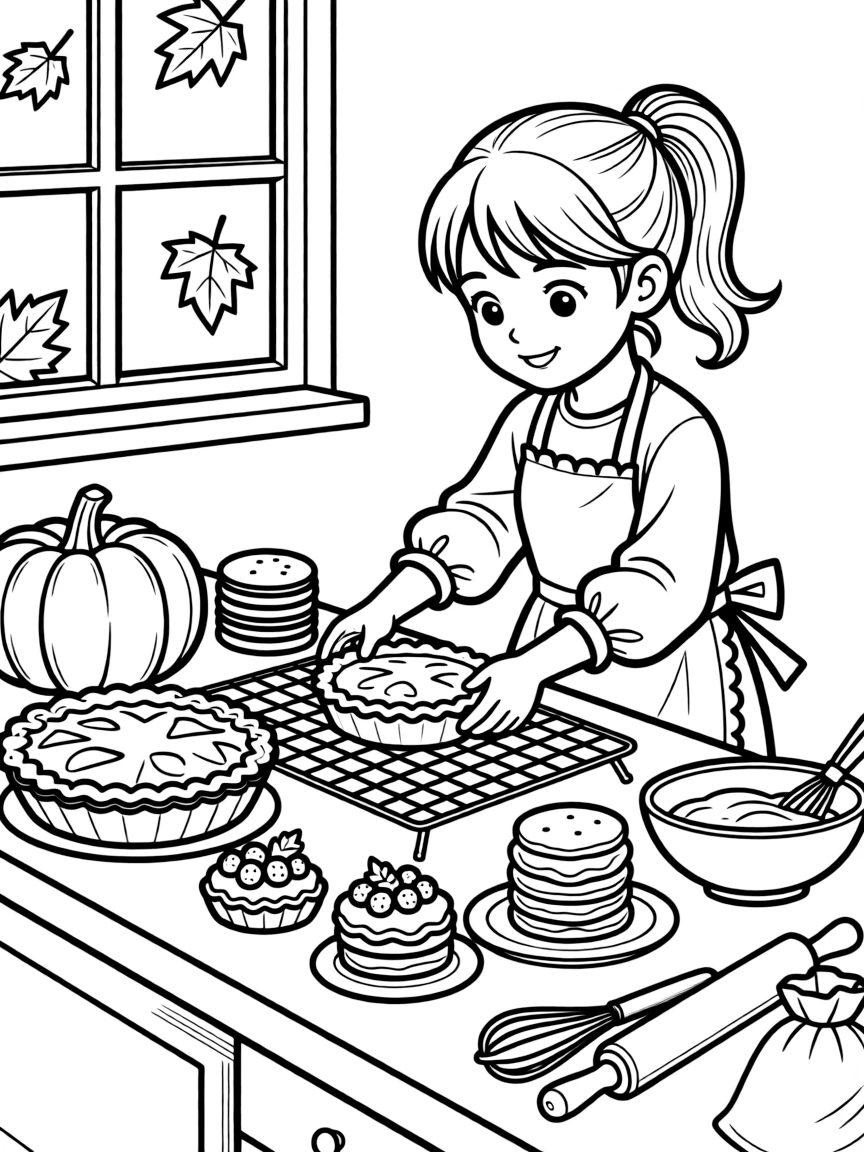 A detailed autumn baking scene with pies and treats