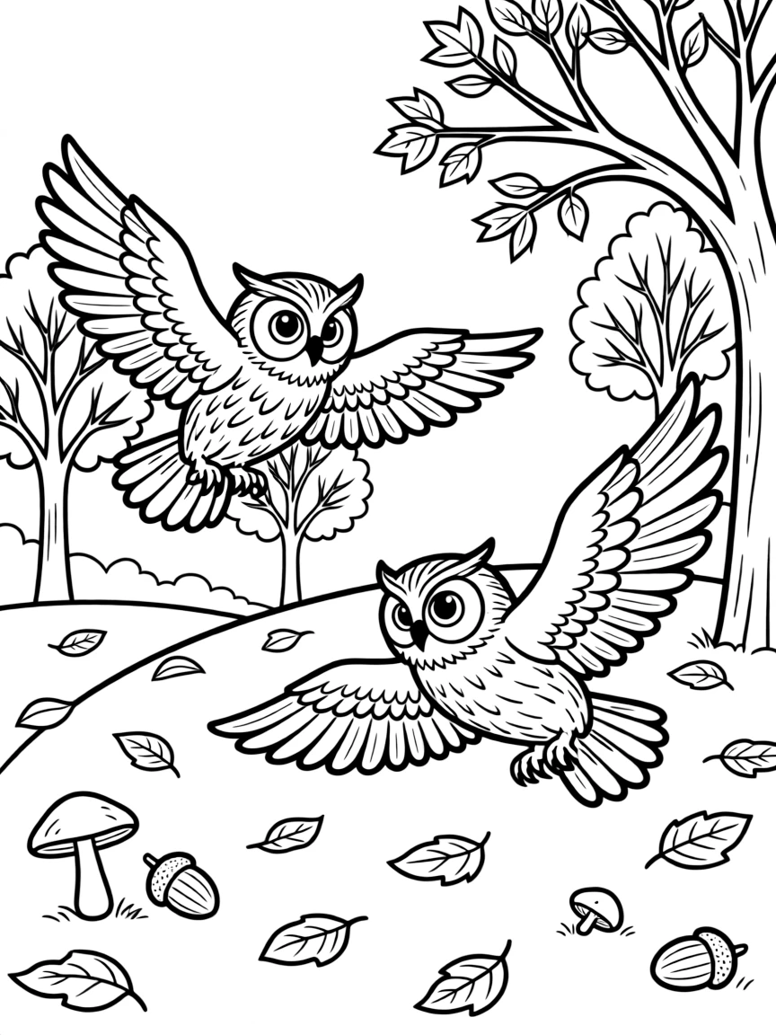 Owls hunting in an autumn evening landscape