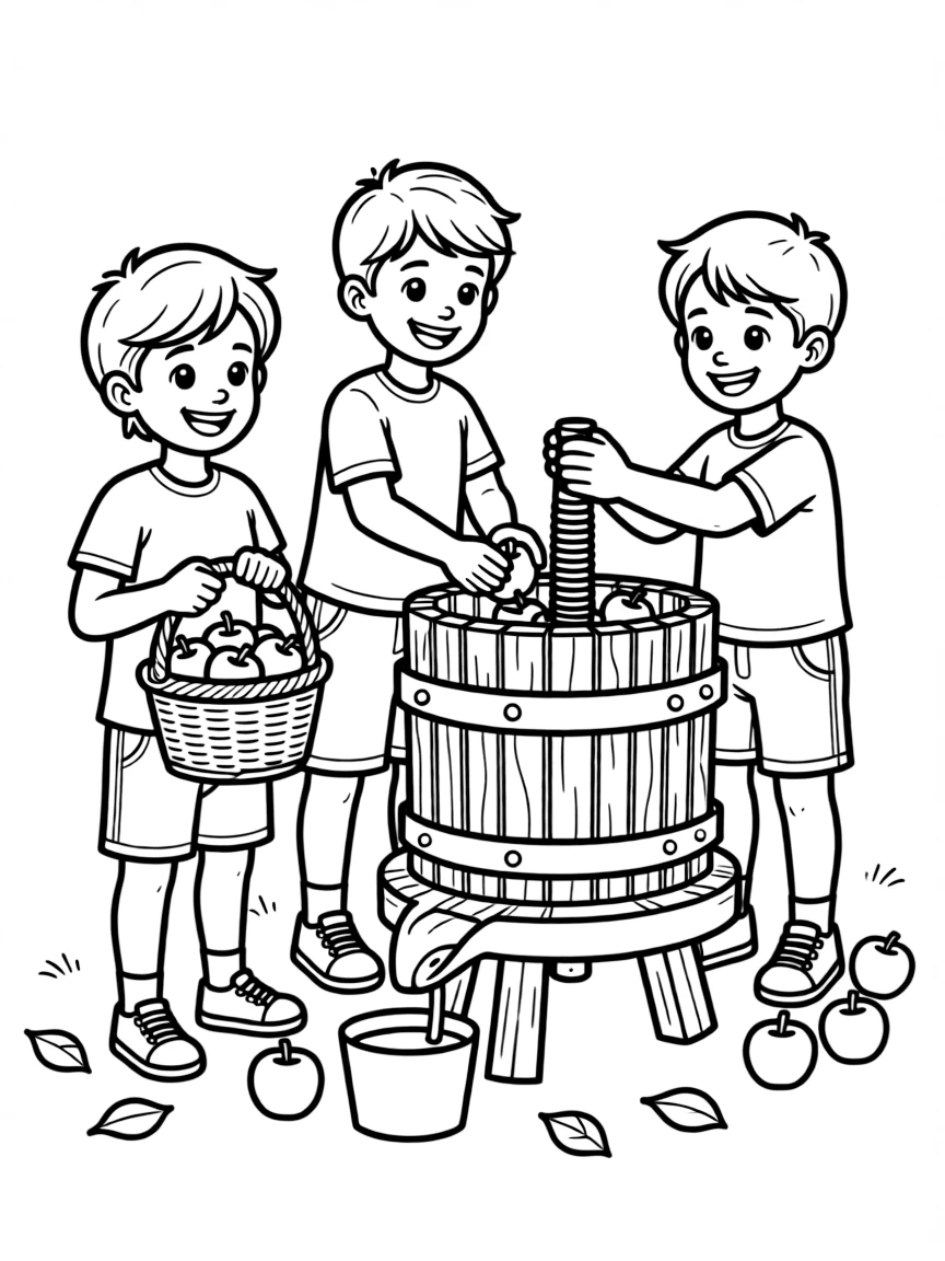 Children making apple cider with a press