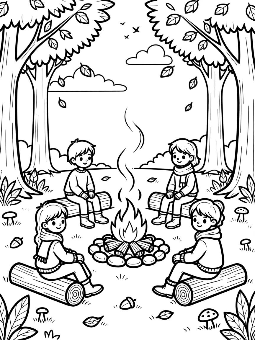 A campfire with people in an autumn forest
