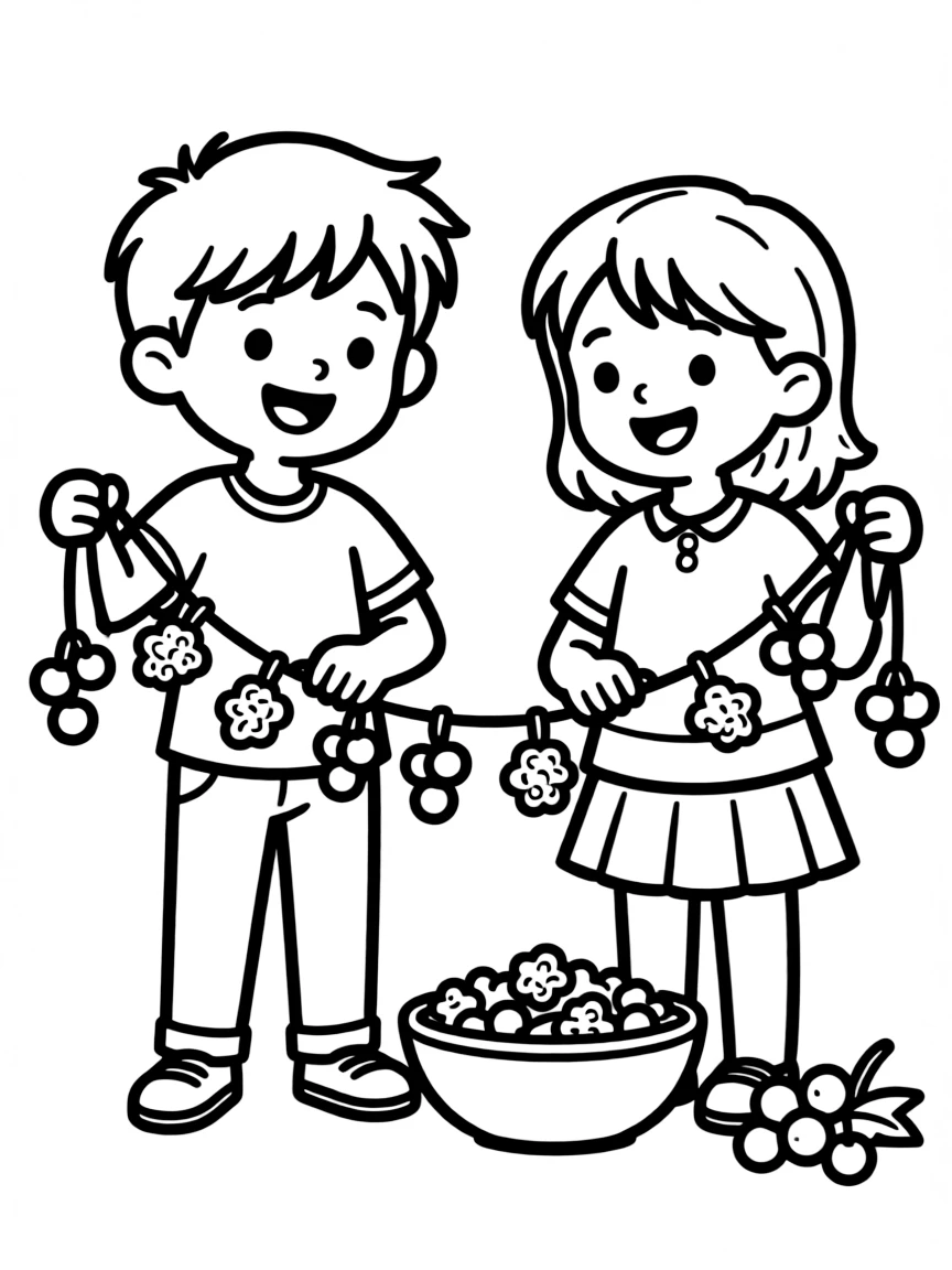 Children stringing popcorn and berries for garlands