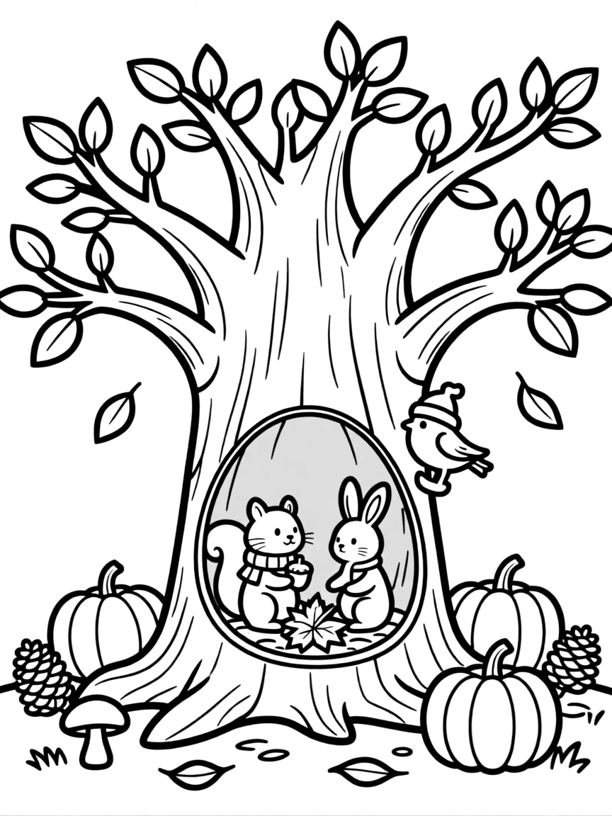 A tree hollow filled with autumn animal stores