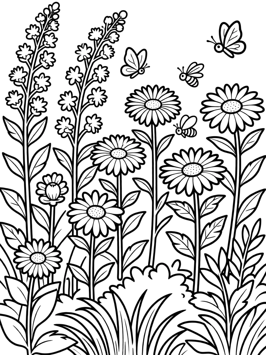 A detailed autumn flower garden with late bloomers
