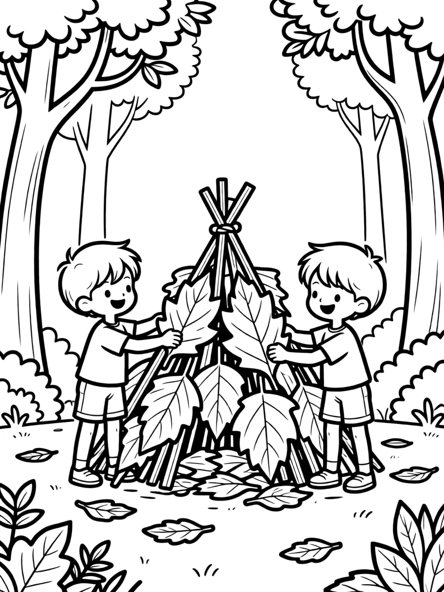 Children building a leaf fort in the woods