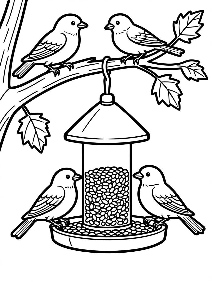 Autumn birds feeding at a detailed bird feeder