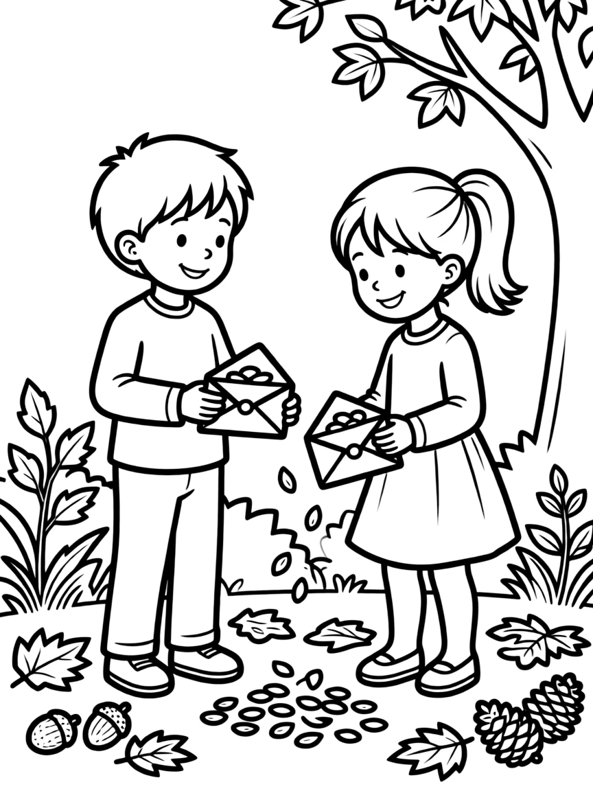 Children collecting autumn seeds in envelopes