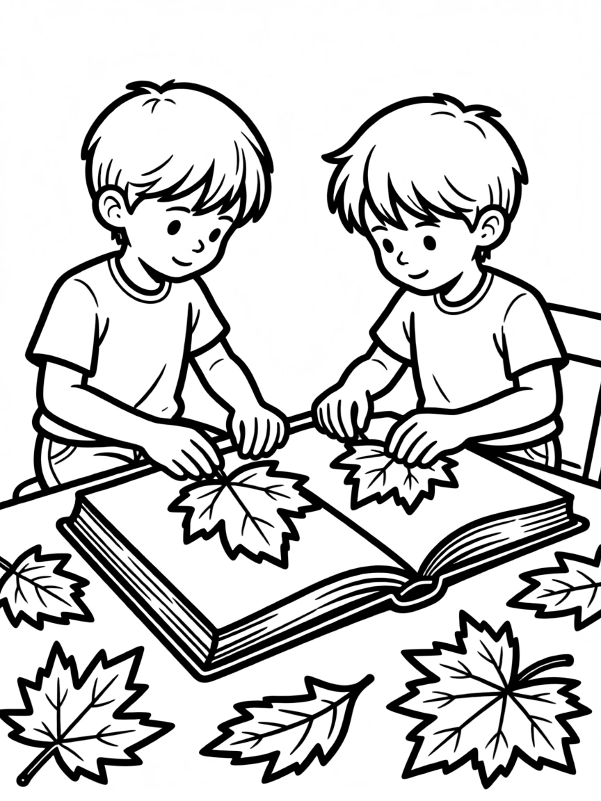 Children pressing autumn leaves in heavy books