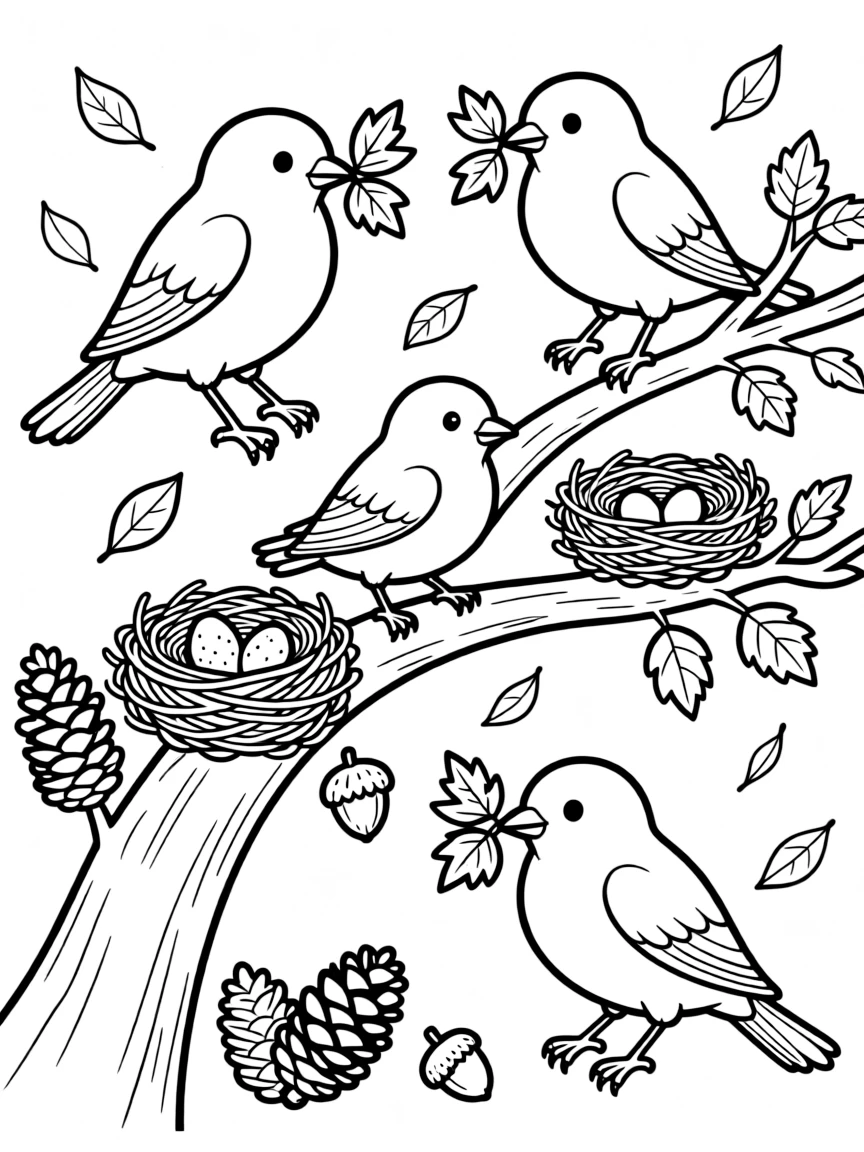 Autumn birds preparing nests for winter use