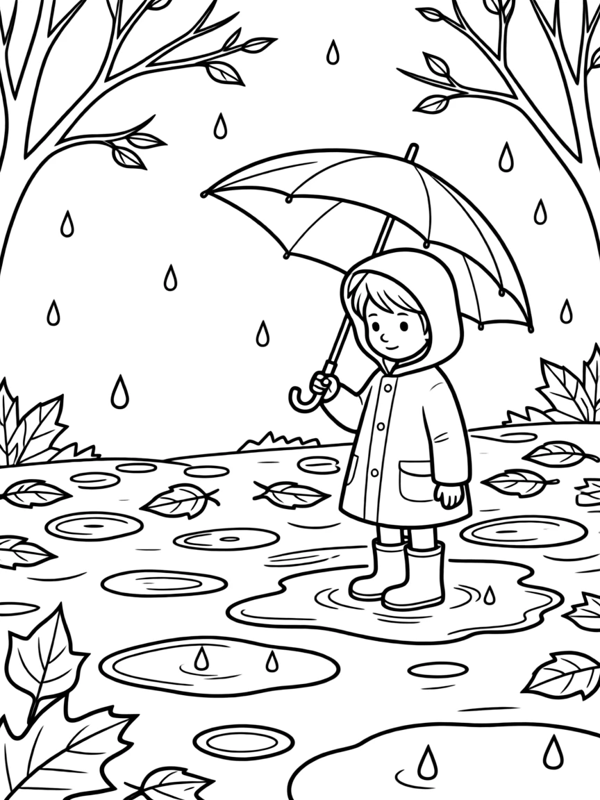 A detailed autumn rain scene with puddles